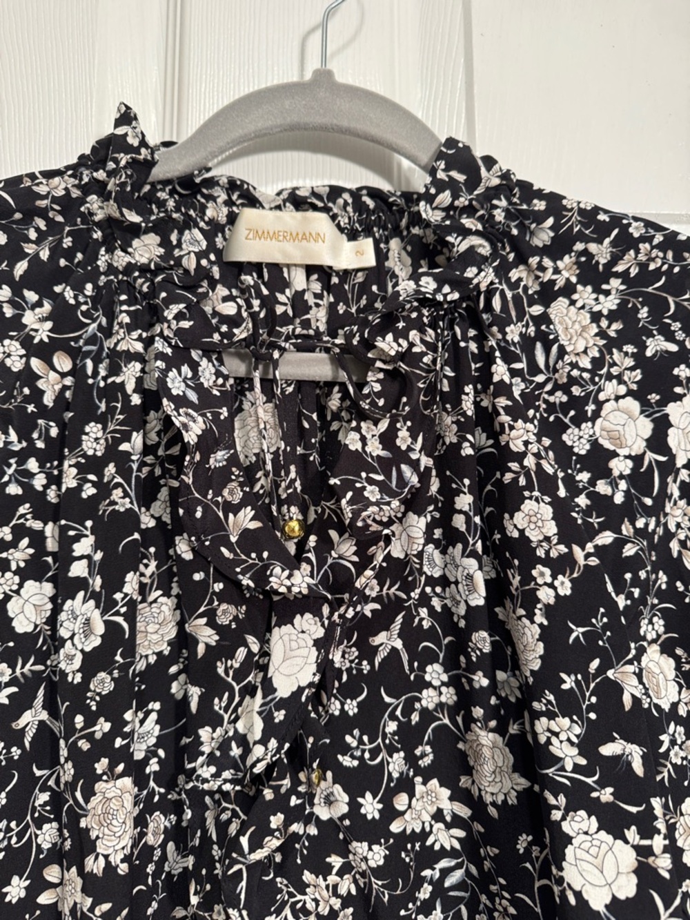 Zimmermann Black and White Floral Ruffle Blouse
